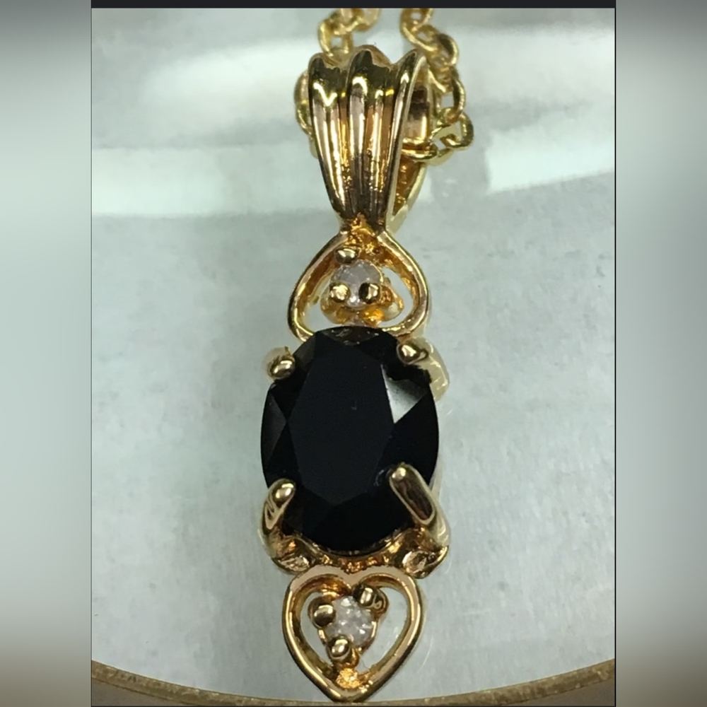 Vintage 14 KT Gold Black Quartz Pendant with double diamond accent.